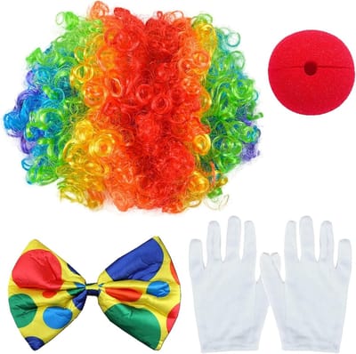 Clown Kostuum Accessoire Set van 4 - Rode Perücke, Strik, Witte Handschoenen voor Kinderen, Halloween, Carnaval en Theater Optredens