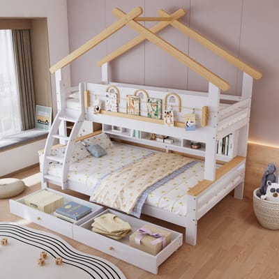 PHOEBE CAT Stapelbed - 90x200cm & 120x200cm - Kinderbed - 2 lades - Boekenplank - Wit + Natuurlijke