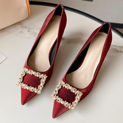 Feeënstijl Parel Vierkante Gesp Stiletto Enkelschoenen Vrouwelijk Puntige Neus Hoge Hakken Bruiloft Temperament Witte Bruiloftsschoenen 40
