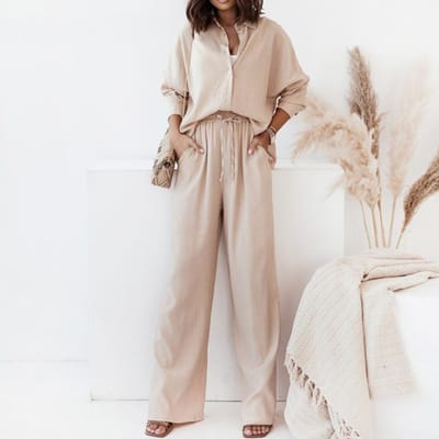 Dames Lente Nieuwe Mode Stijl Effen Kleur Revers Shirt Hoge Taille Broek Tweedelige Set Dames 3XL white
