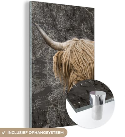 ® Glasschilderij 120x180 cm - Schilderij acrylglas - Schotse hooglander - Koeien - Wereldkaart - Foto op glas - Muurdecoratie woonkamer - Wanddecoratie slaapkamer - Schilderijen