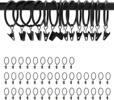 40 Zwarte Gordijnringen met Clips - Inclusief Klemmen voor Gordijnen - Geschikt voor Gordijnroede 32mm