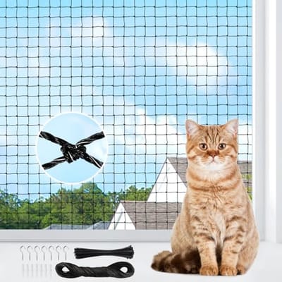 Balkonnet voor Katten - 8 x 3 m, Versterkt met Staal, Transparant Katbeschermingsnet, Pigeon Net zonder Boren voor Patio, Raam en Gangen