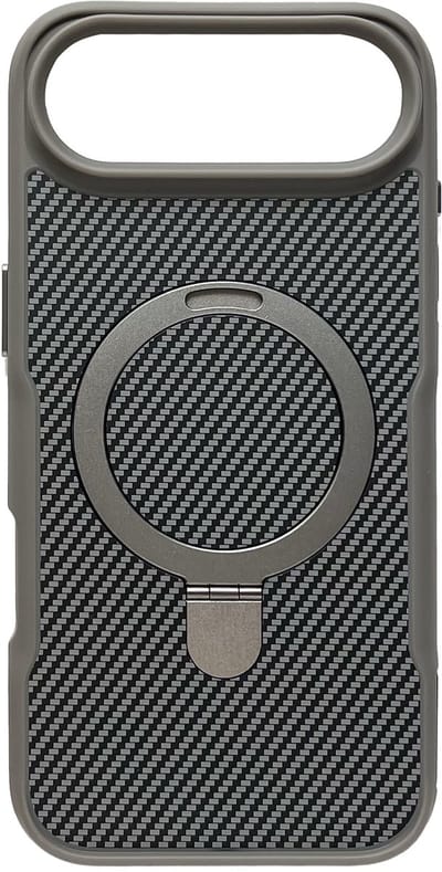 Hoesje Geschikt voor Apple iPhone Air - Zilver - Geschikt voor MagSafe - Luxe Casemania Carbon Back Cover met Kickstand Ring en Verhoogde Camera Veiligheidsranden