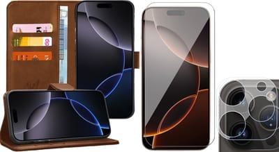 Hoesje geschikt voor iPhone 16 Pro - Screenprotector Glas & Camera - Portemonnee Book Case Bruin