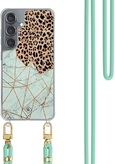 Casimoda® hoesje met koord - Geschikt voor Samsung S25 - Luipaard Marmer Mint - Afneembaar koord - TPU/polycarbonaat - Mint