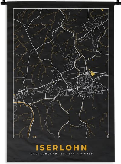 Wandkleed - Wanddoek - Iserlohn - Goud - Stadskaart - Plattegrond - Kaart - Duitsland - 120x180 cm - Wandtapijt