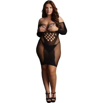 Shots - Le Désir Mini Jurk met Lange Net Mouwen - Plus Size black OSX