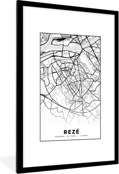 Fotolijst incl. Poster Zwart Wit- Rezé - Stadskaart - Plattegrond - Kaart - Frankrijk - Zwart wit - 80x120 cm - Posterlijst