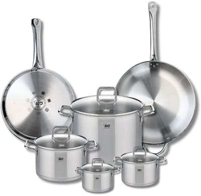 Set van 2 Koekenpannen 28 en 32 cm en 4 kookpotten 12, 14, 20 en 26 cm Elo Profi Citrin