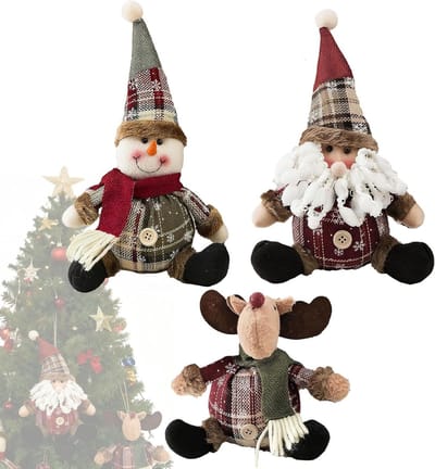 Dailygoods - 3 stuks kerstboom poppendecoraties, kerstpop, pluche kerstman, sneeuwpop, rendier, geschikt voor kerstboomversiering, kindercadeaus