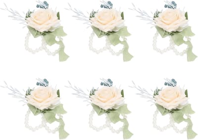Pols Corsages - Kunstbloemen Armband - Feestelijke Gelegenheden - Set van 6 stuks - 15x11x5 cm - Beige