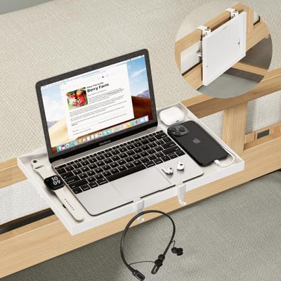 Opvouwbare nachtkastje - Bedplank organizer - Ruimtebesparing slaapkamer - Sterke metalen klem - 37x25x2 cm - Wit