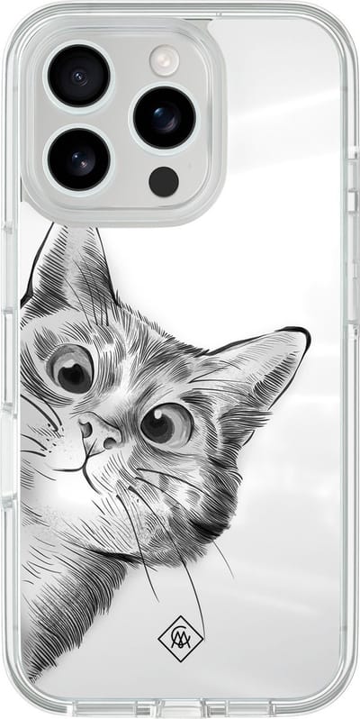 Casimoda® hoesje - Geschikt voor iPhone 16 Pro Max - Kat Kiekeboe - 2-in-1 case - Schokbestendig - Illustratie - Verhoogde randen - Grijs, Transparant