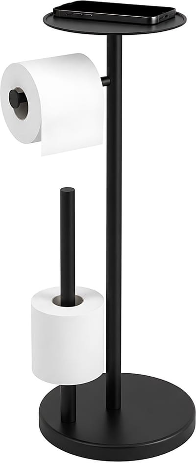 Vrijstaande Toiletrolhouder met Telefoonhouder - 3-in-1 WC Rolhouder met Actieve Rol en Reserverolhouder - RVS Toiletpapierhouder met Stabiele Ronde Voet, Zonder Boren - 65,5 cm - Mat Zwart