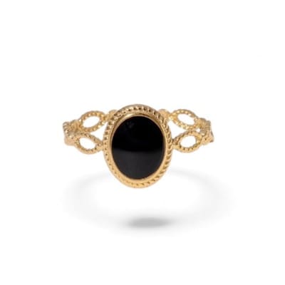 Aramat Jewels | Ringen | Open Ring RVS Ovaal Emaille met Dot Reliëf (Goudkleurig) | Zwart | |12mm | Staal | Volwassenen | Verkleurd niet