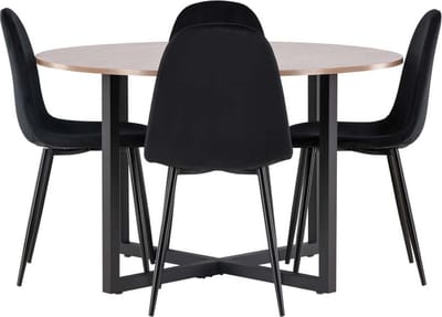 Durango eethoek tafel okkernoot decor en 4 Polar stoelen zwart.