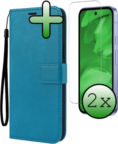 Hoesje Met 2x Screenprotector - Geschikt voor Google Pixel 9a - Luxe Pasjeshouder - Bookcase Portemonee - Flip Case - Kunstleer Book Case - Flipcase Hoes - Book Cover - Walletcase - Portemonneehoes - Turquoise