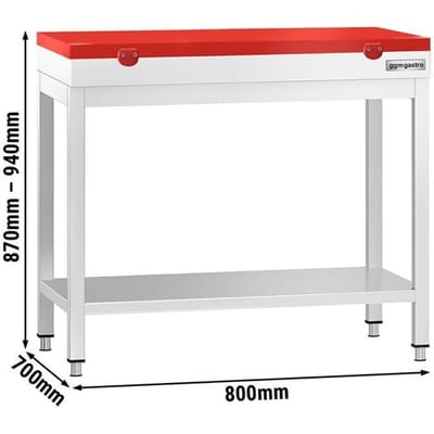 GGM Gastro Edelstahl Arbeitstisch PREMIUM - 800x700mm - mit Grundboden - inkl. Schneideplatte Rot