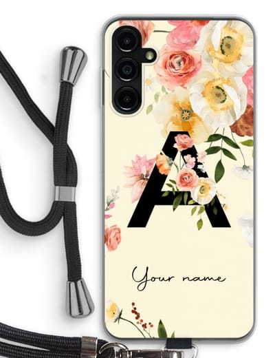 Gepersonaliseerd - Case Company® - Hoesje met koord geschikt voor Samsung Galaxy A14 hoesje met Koord - Flirty Flowers Monogram - Telefoonhoesje met Zwart Koord - Bescherming aan alle Kanten en Over de Schermrand