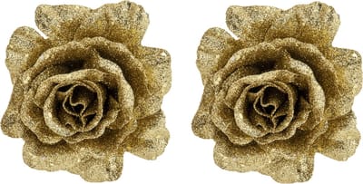 2x stuks decoratie bloemen roos goud glitter op clip 10 cm - Decoratiebloemen/kerstboomversiering/kerstversiering