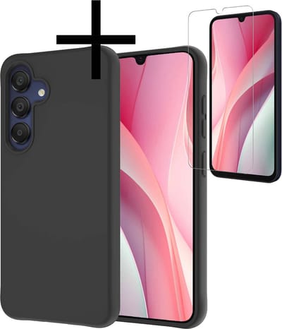 Hoesje - Met Screenprotector - Geschikt voor Samsung Galaxy A15 - Sterk & Shockproof - Back Cover - Siliconen Case - Telefoon Hoes - Zwart