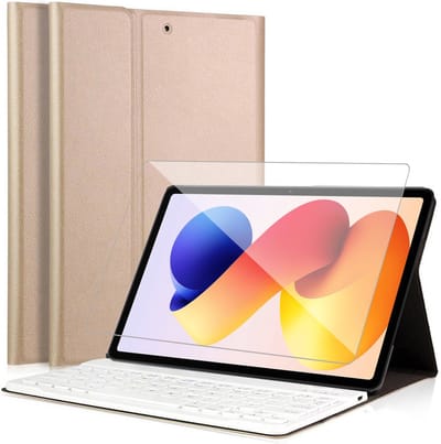 Hoes met toetsenbord geschikt voor Xiaomi Redmi Pad 2 Pro - Screen Protector GlassGuard - Keyboard Book Case Cover Hoesje Goud & Screenprotector