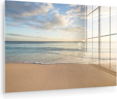 MuchoWow® Glasschilderij 60x40 cm - Schilderij acrylglas - Strand - Water - Wolken - Foto op glas - Muurdecoratie woonkamer - Wanddecoratie slaapkamer - Schilderijen
