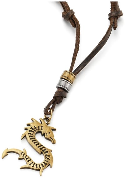 Zeynomax - Gevormde bronzen draak hanger - Leren heren halsketting - Verstelbare bruine leren kabel - Rustiek metalen oppervlak - Unieke stijl - Ges..