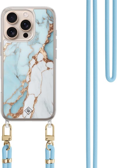 Casimoda® hoesje met koord - Geschikt voor iPhone 16 Pro Max - Marmer Lichtblauw - Afneembaar koord - TPU/polycarbonaat - Blauw