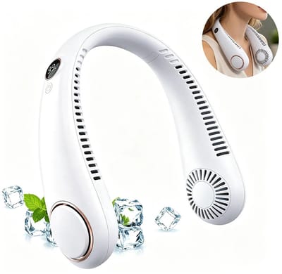 Bladeless Nek Ventilator Met Koeling - Draagbare Nek Ventilator - Portable Neck Fan met 5 Standen - Draadloos USB met Lange Batterijduur - LED-Display en 360° Luchtstroom - Mini Nek Fan - Hals Ventilator - Nek Fan - Wit