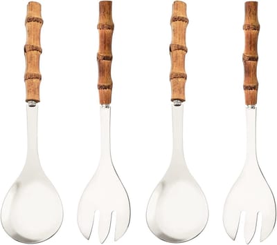 Bestekset - inclusief lepel en vork - gemaakt van 304 roestvrij staal - met natuurlijke bamboe handvatten, 25 cm lang - geschikt voor keukens, feesten, buffetten, enz. - 4 stuks in totaal / 2 van elk