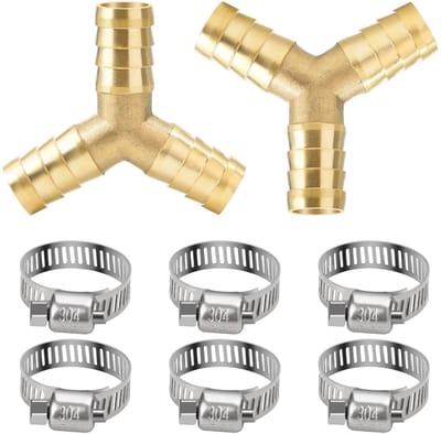 Dailygoods- Slangconnector Y-stuk 12 mm - 3-weg Slangconnector - 6 Slangklemmen - Messing - Max. Werkdruk 16 bar - Temperatuurbereik -20°C tot +100°C - Slangverbinder