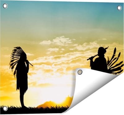 Gards Tuinposter Twee Silhouetten van Indianen bij Zonsondergang - 50x40 cm - Tuindoek - Tuindecoratie - Wanddecoratie buiten - Tuinschilderij