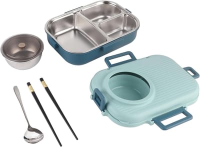 Thermische Isolatie Lunchbox van RVS, 1100 ml, Twee Lagen, 3 Compartimenten met Soepkom en Deksel (Blauw)