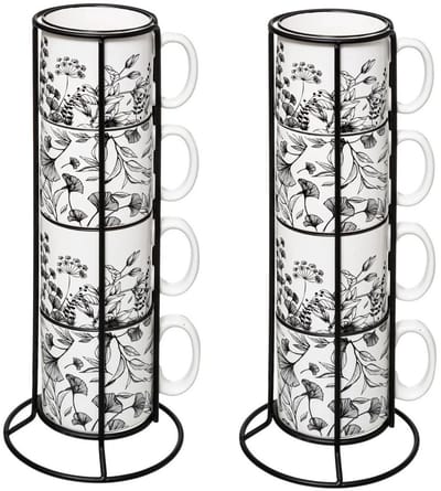 Secret de Gourmet Koffie mokken/bekers Flowers - 8x stuks in metalen rekje - Keramiek - glans afwerking - 240 ml - 7 x 8 cm