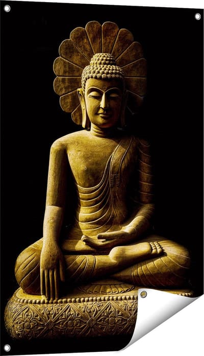 Gards Tuinposter Gouden Boeddha Beeld in Meditatie - 60x90 cm - Tuindoek - Tuindecoratie - Wanddecoratie buiten - Tuinschilderij