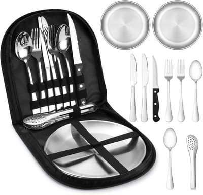2 Persoons Bestekset (10-delig) - Campingset Voor 2 Personen - Lepels,Messen, Vorken, Steakmessen - 10 Delen RVS Bestek - Inclusief Draagtas - Voor Picknick & Reizen - zilver