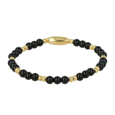 My Bendel - Fijne Elastische Armband Goudkleurig met Onyx Edelsteen 4mm - Goudkleurige Onyx Armband - Luxe Elastisch Design - met Luxe Cadeauverpakking | Sieraden Voor Dames | Maat S