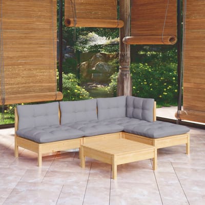 vidaXL - 5-delige - Loungeset - met - grijze - kussens - grenenhout