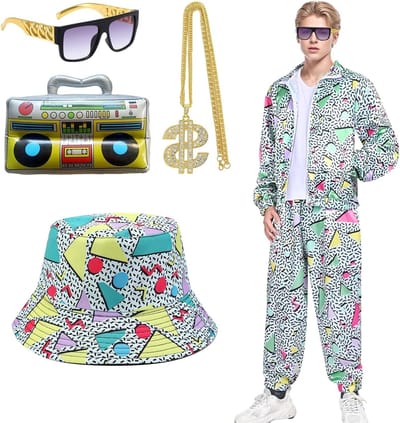 Retro outfit voor mannen uit de jaren 80 en 90, carnavalskostuum met vissershoed, zonnebril, ketting en opblaasbare radio voor themafeesten en carnaval