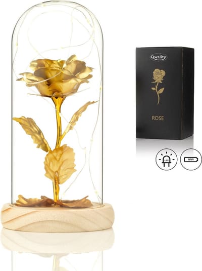 Luxe Roos in Glas met LED – Gouden Roos in Glazen Stolp – Moederdag - Cadeau voor vriendin moeder haar - Goud met Blaadjes - Lichte Voet - Qwality®