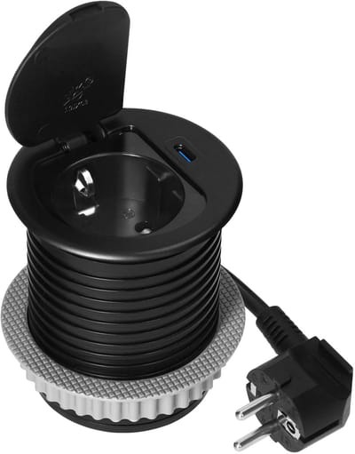 Orno Stekkerdoos - 1 stopcontact met deksel - Verdeelstekker met USB C - Inbouw Bureau stekkerblok met 1.9 meter kabel - Zwart