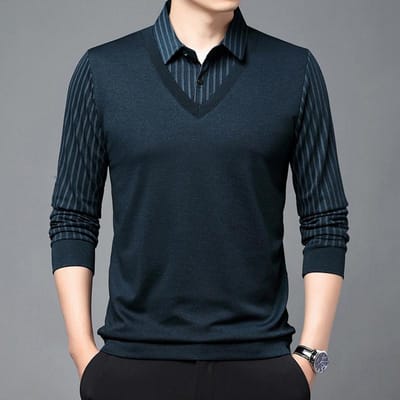 Lente en Herfst Heren Lange Mouwen Nep Tweedelig T-shirt Middenleeftijd Vrije Tijd Gestreept Papa Heren Outfit Poloshirt XXXXL black