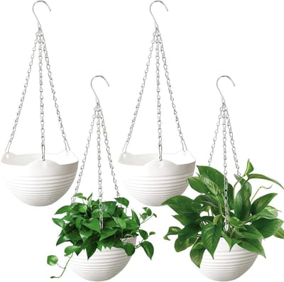 Zelfbewaterende Hangende Plantenbak 4 Stuks（Bloemen niet inbegrepen） - 20 cm Ronde Kunststof Bloempot met Afvoer en Metalen Hangketting - Geschikt voor Binnen en Buiten - Witte Tuin- en Kamerplantenhouder
