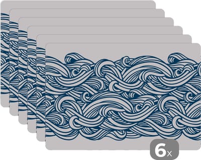 Placemat - Placemats kunststof - Patroon - Golven - Zee - 45x30 cm - 6 stuks - Hittebestendig - Anti-Slip - Onderlegger - Afneembaar