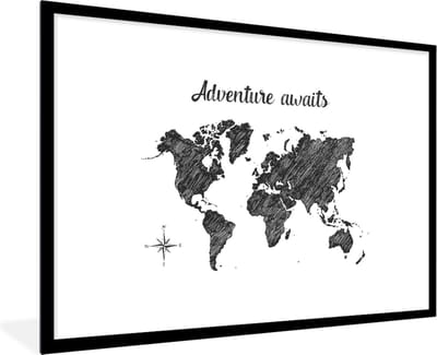 Fotolijst incl. Poster - Wereldkaart - Quote - Adventure Awaits - 120x80 cm - Posterlijst