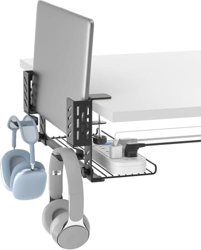 3-in-1 Laptop Houder Met Kabelbeheer en Hooftelefoonhaakjes - Verstelbare Onder-Bureau Organizer voor Thuis en Kantoor