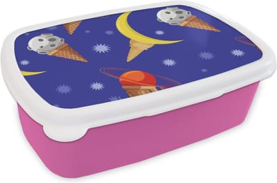 Broodtrommel Roze - Lunchbox - Brooddoos - Planeten - IJshoorntjes - Patronen - 18x12x6 cm - Kinderen - Meisje