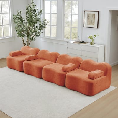BLACKCOLORS Modulaire 4-zitsbank Boneless, golvende vorm, schuim met hoge dichtheid 32D, diepe zitting, afneembare armleuningkussens, ideaal voor de woonkamer, oranje
